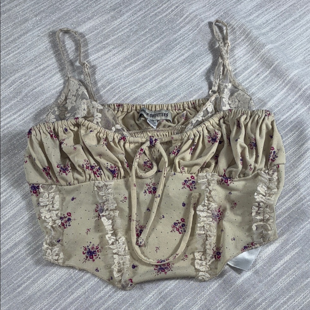 boho festival fairy core medium floral smocked cropped ruffled top